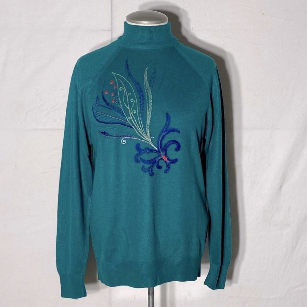 Vintage St. Michael Green Embroidered Mock Neck Sweater M Cottagecore Grannycore